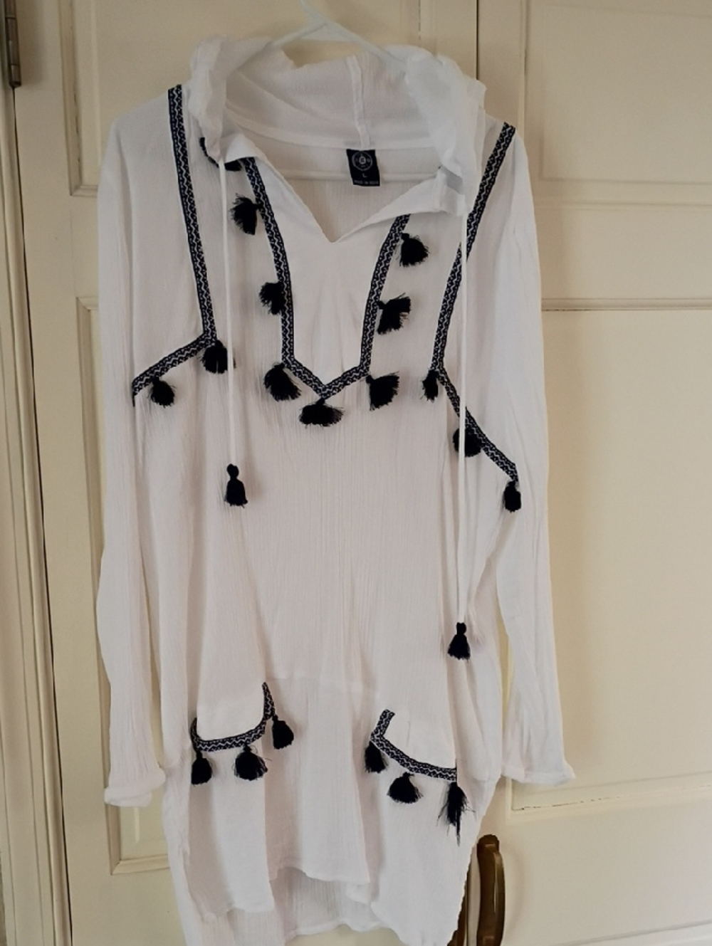 White Tassel Hoodie Tunic with Black Trim